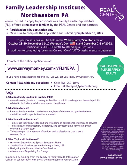 Family Leadership Institute: Northeastern PA Flyer 
To learn more visit PEAL's website or click on the link in the tweet