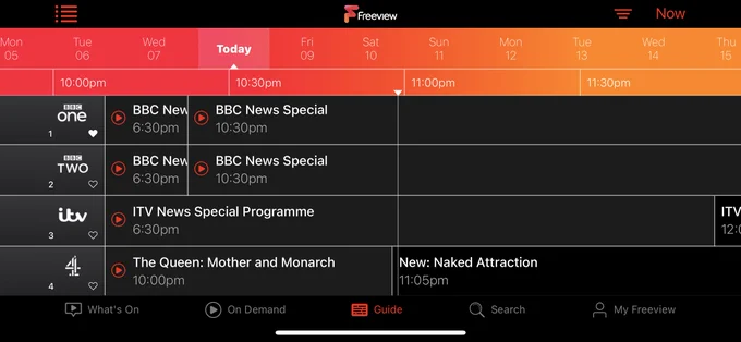 Screenshot from the Freeview app. BBC One, BBC Two and ITV are all showing news specials for the entire evening.

Channel 4 has ‘The Queen: Mother and Monarch’ from 10:00 until 11:05, followed by ‘Naked Attraction’!
