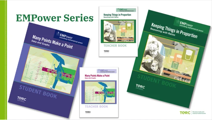 Copies of 2 books in the EMPower Math series for adult education students, Keeping Things in Proportion and Many Points Make A Point
