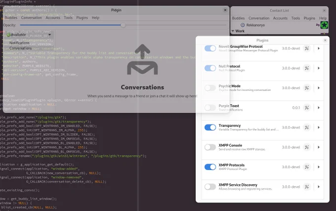A screenshot of Pidgin 3 with transparency enabled. The left window is the Pidgin conversation window and the top right is the buddy list; both are semi transparent. The bottom right window is the plugin dialog showing the enabled Transparency plugin.

Below all windows is a terminal with the source code for the Transparency plugin.
