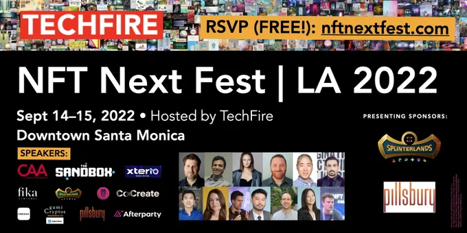 NFT Next Fest event flyer featuring logos of speakers (like CAA, The Sandbox Fika Ventures), speaker pics, sponsor logos (See tweet text for list)