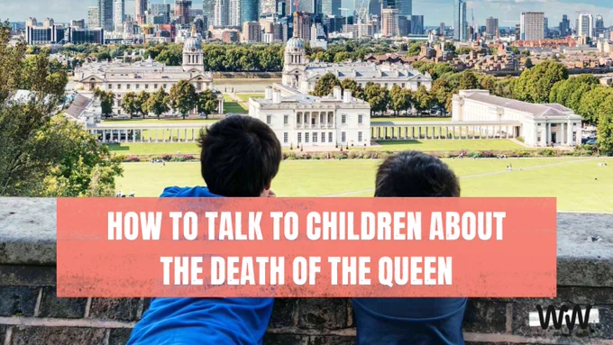 Photo of two young boys looking at a view of Buckingham Palace. Text reads: How to talk to children about the death of the Queen