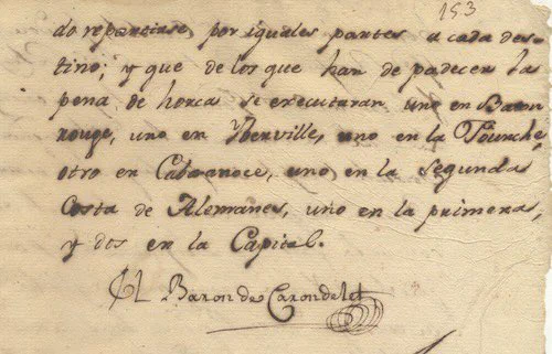 Proceedings against the Negroes of Pointe Coupee for the Crime of Revolution, 1795-05-02-01, Spanish Judicial Records, Louisiana Historical Center, New Orleans Jazz Museum, New Orleans, Louisiana.