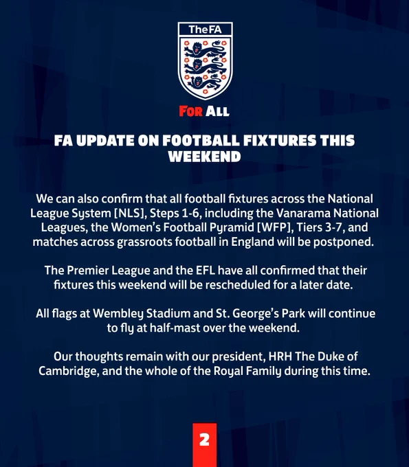 An FA update on football fixtures this weekend.