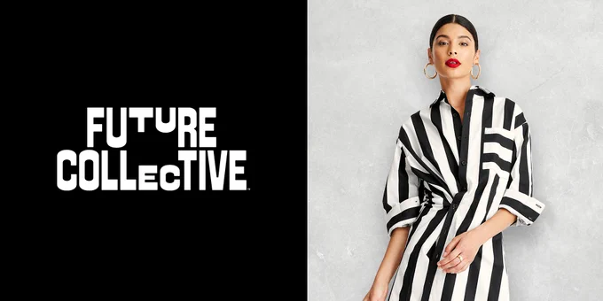 Future Collective logo and a model wearing a black and white striped dress.