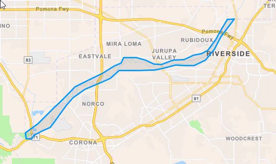 Map showing the Santa Ana river highlighted in blue from the San Bernardino-Riverside County border to the Riverside County/Orange County border.