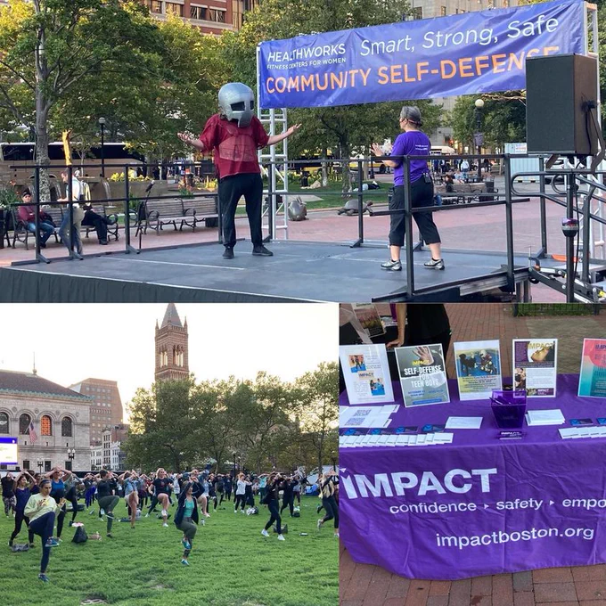 A collage of 3 photos from the event: 1. A photo of IMPACT instructors on stage acting out a physical scenario. 2. A photo of students practicing physical moves on the Copley lawn with the Boston Public Library behind them. 3. A photo of the IMPACT merch/sign-up table.