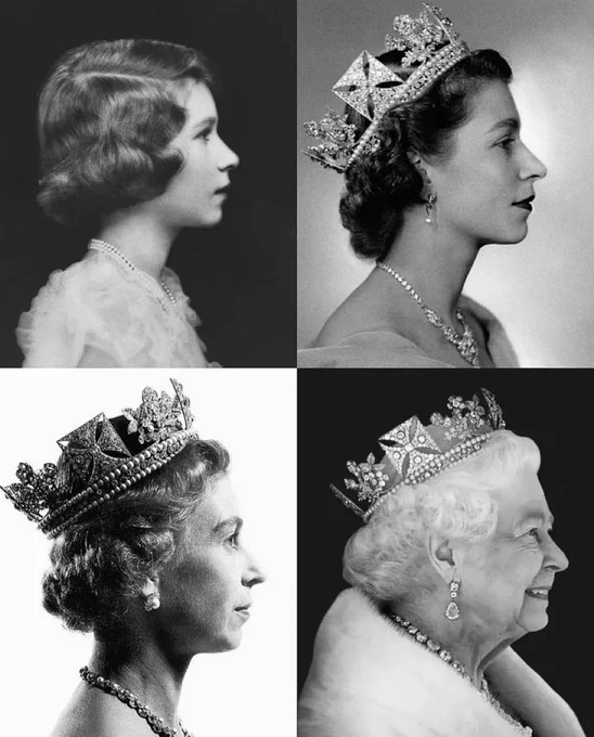 Four matching photos of Queen Elizabeth's profile throughout her life.