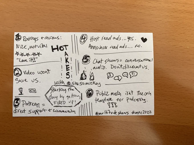 Hand written and drawn notes on six hot takes about podcasting.