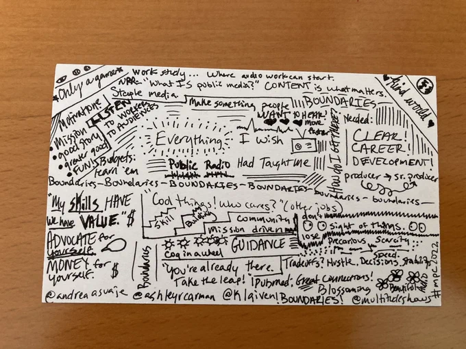 Hand written and drawn notes from Everything I Wish Public Radio Had Taught Me. Standout phrases: advocate for yourself. Motivations: mission, good story, greater good, fun! Clear career development. Boundaries (lots). Make something people want to hear.