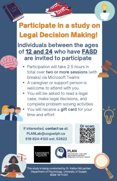 Flyer with a blue border and icons of a law book, red shoes, a brain, gavel, lightbulbs, and people. Other images include the University of Guelph Logo, Psychology, Law and Neurodevelopment Research and Policy Group Logo, and QR code that links to our website (playgroup.uoguelph.ca). Text reads: Participant in a study on legal decision making! Individuals between the ages of 12 and 24 who have FASD are invited to participate. Participation will take 2.5 hours in total over two or more sessions (with breaks) via Microsoft Teams. A caregiver or support person is welcome to attend with you. You will be asked to read a legal case, make legal decisions, and complete problem solving activities. You will receive a gift card for your time and effort. If interested, please contact us at: PLANLAb@uoguelph.ca 519-824-4120 ext. 53622. This study is being conducted by Dr. Kaitlyn McLachlan, Department of Psychology, University of Guelph. REB#19-11-031