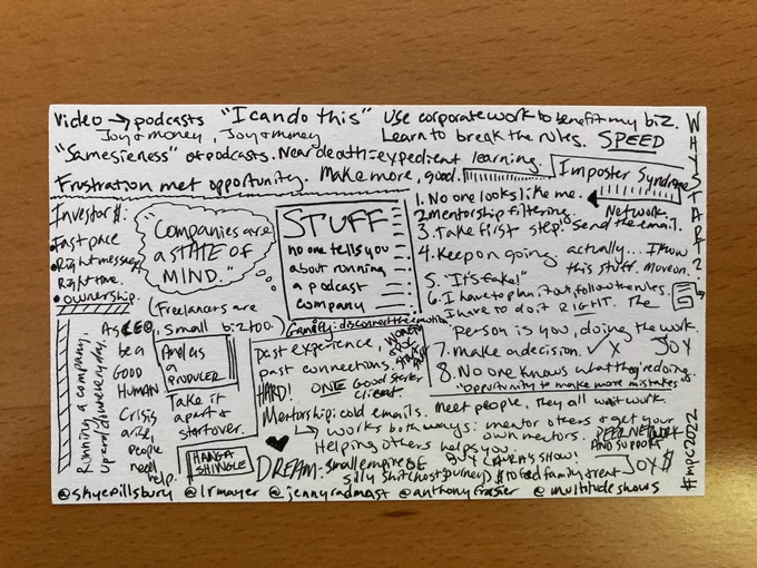 Hand written and drawn notes from Stuff No One Tells You about Running a Podcast Company. Standout quotes: use corporate work to benefit biz, learn how to break the rule, no one knows what they doing, dream of small empires of silly shit, peer networks and support.