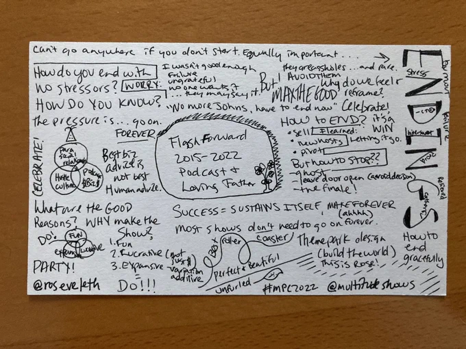 Hand drawn and written sketch notes from a closing keynote about endings. Standouts: success = sustain itself, make forever (ahh!), how do you know when to end? What are the good reasons to make a show: fun, lucrative, expansive which sums up to Do!! Can we reframe endings as a celebration, a party?