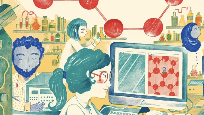 an illustration from my children’s picture book Nano, which was created by sensational Melissa Castrillón. The page contains cartoons of many scientists doing experiments in a lab, and the background is a busy lab shelf of chemicals and flasks.