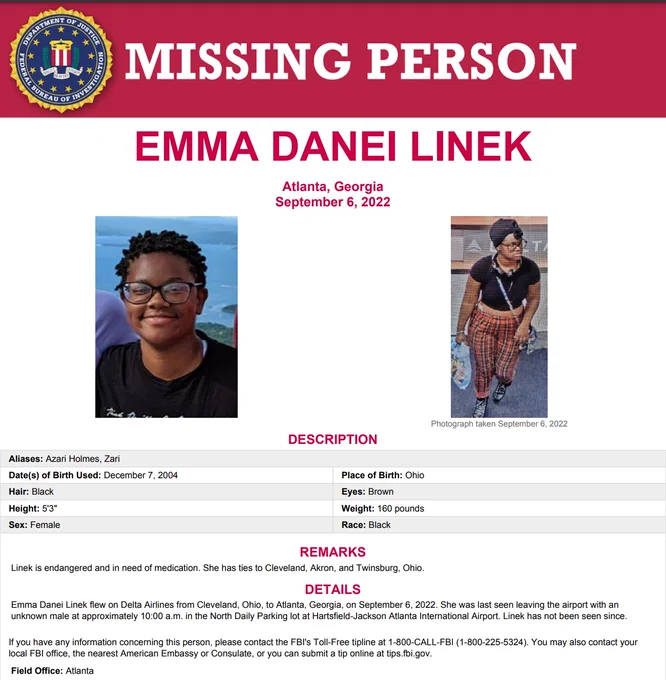 Missing persons poster for Emma Linek