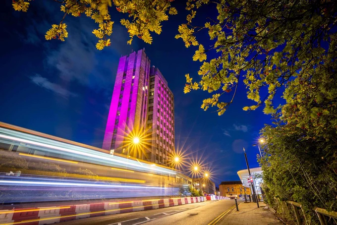 Oldham Civic Centre lit purple