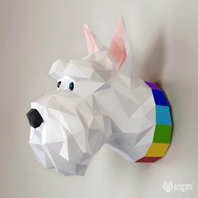 low poly cardstock Scottie dog head and colorful collar displayed as wall trophy