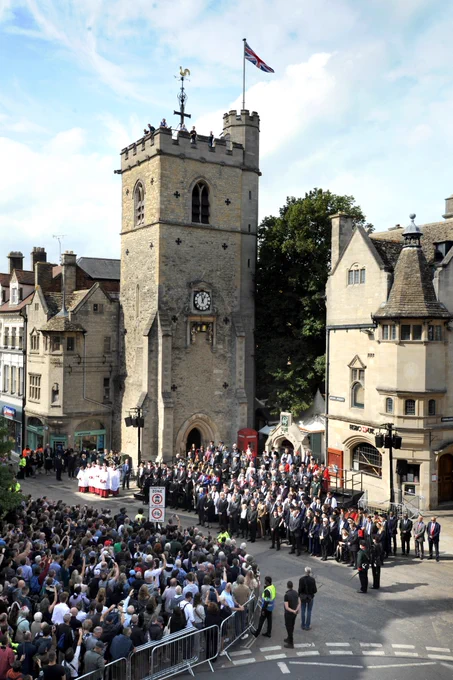 Carfax Tower with crowds gathered for the proclamation service of King Charles III. 