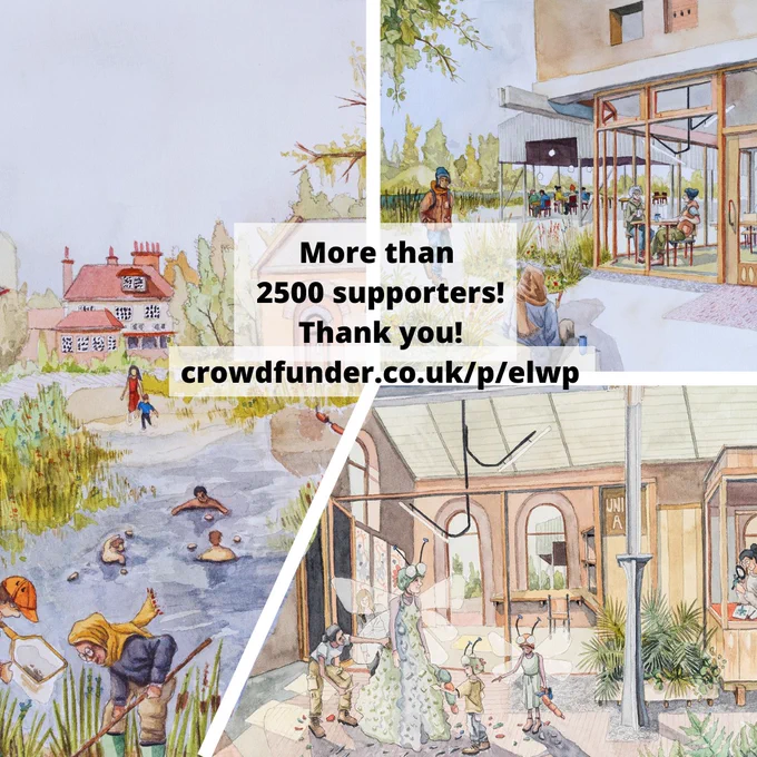 Illustration of wild swimming ponds, make-and-repair-cafe, and workshop community spaces at East London Waterworks Park. https://www.crowdfunder.co.uk/p/elwp