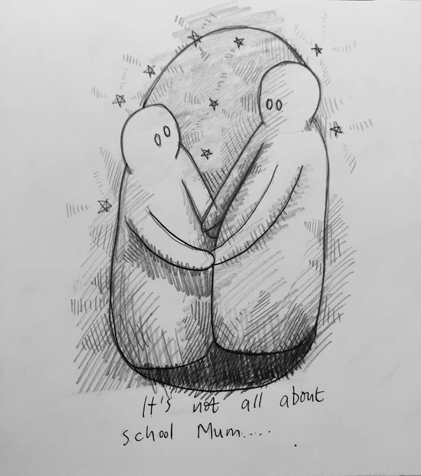An adult and child holding hands. Handwritten text below reads "It's not all about school Mum..."
