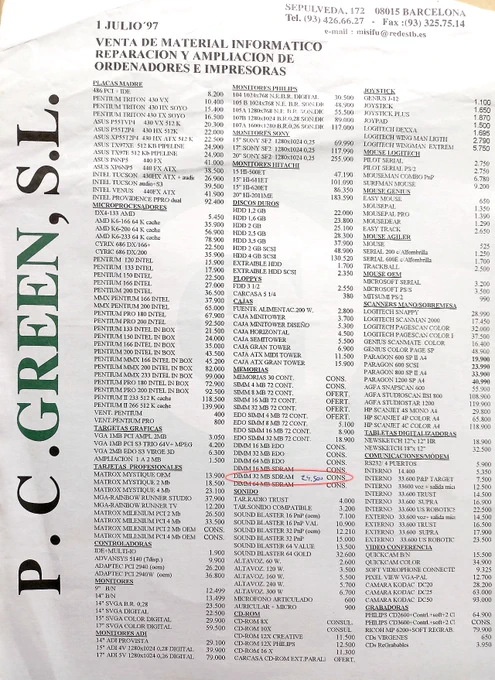 Lista precios Componentes PC año 1997 (PCGreen)