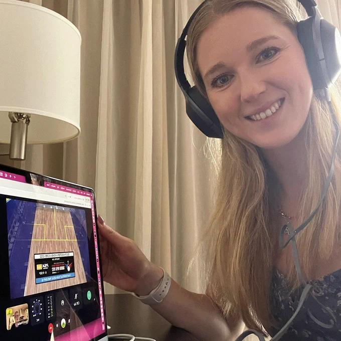 Danielle Letourneau commentating on squash at home