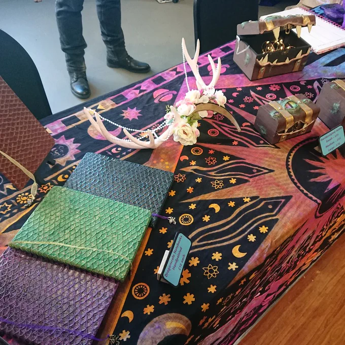 Primary coloured scale notebook, treasure chests and pimk antler headbands on a table 