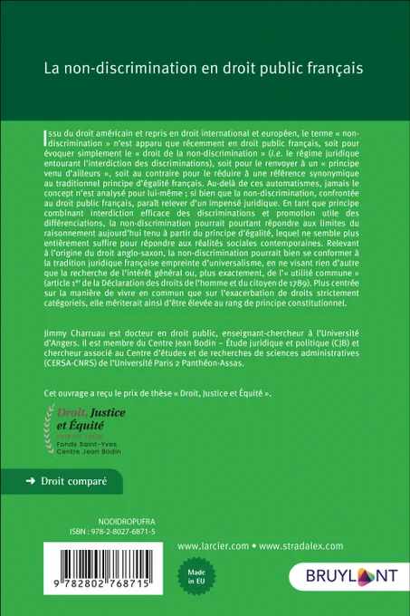 4e de couverture avec le résumé de l'ouvrage, une courte biographie de l'auteur et la mention "prix de thèse Droit, Justice et Équité"
