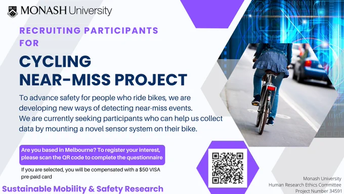 Advertisement graphic. The advertisement shows an image of a person riding a bike and a QR code. The following text is shown: "Recruiting participants for CYCLING NEAR-MISS PROJECT. To advance safety for people who ride bikes, we are developing new ways of detecting near-miss events. We are currently seeking participants who can help us collect data by mounting a novel sensor system on the bike. 
Are you based in Melbourne? To register your interest, please scan the QR code to complete the questionnaire. If you are selected, you will be compensated with a $50 VISA pre-paid card.
Monash University Human Research Ethics Committee Project Number 34591.