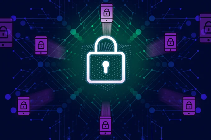 A drawing of a large lock in the center with cellphones with locks displayed on them around it.