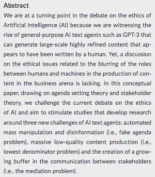 Image of the abstract of the article "Ethical implications of text generation in the age of artificial intelligence"