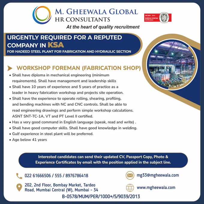 #foreman #workshopforeman #fabricationshop #mechanicalengineer #machineoperator #rollingmachine #shearingmachine #bendingmachine #cnc #ethicalrecruitment #manpower #gulfjobs #saudijobs #mgheewala #mgheewalajobs