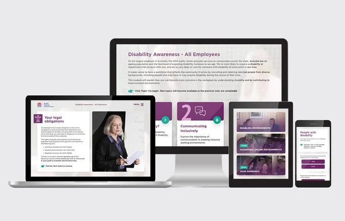 A digital mockup of four different devices showing screens from the NSW PSC Disability Awareness learning suite.