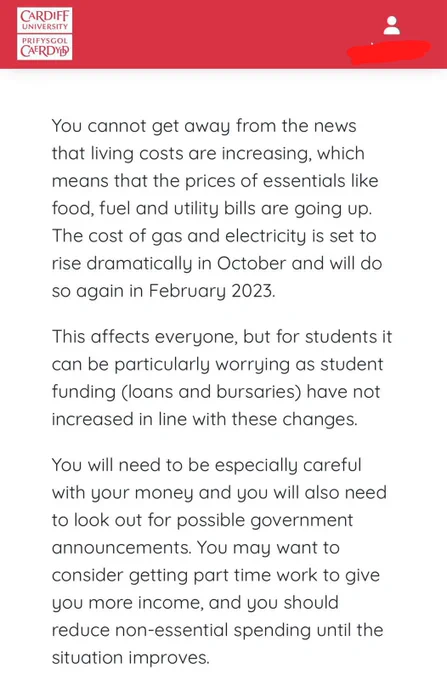 Screenshot of advice given to freshers around the cost of living crisis.
