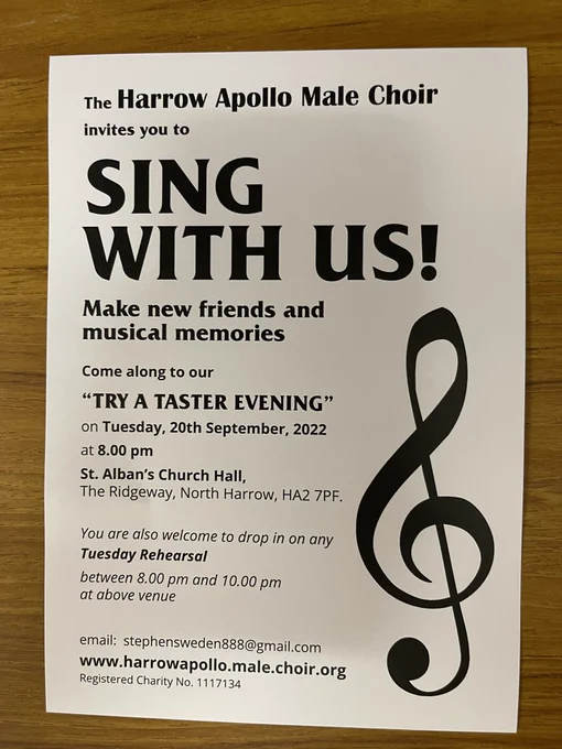 A white sheet of paper with a musical note on it giving details of how to join in the taster session.