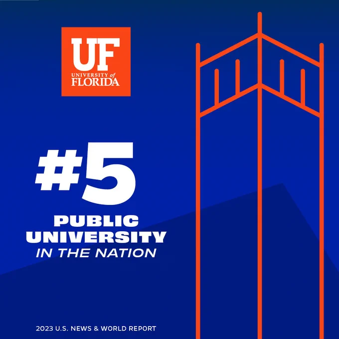 Blue graphic with an orange UF look and orange icon of Century Tower to the right that reads #5 public university in the nation 2023 U.S. News and World Report