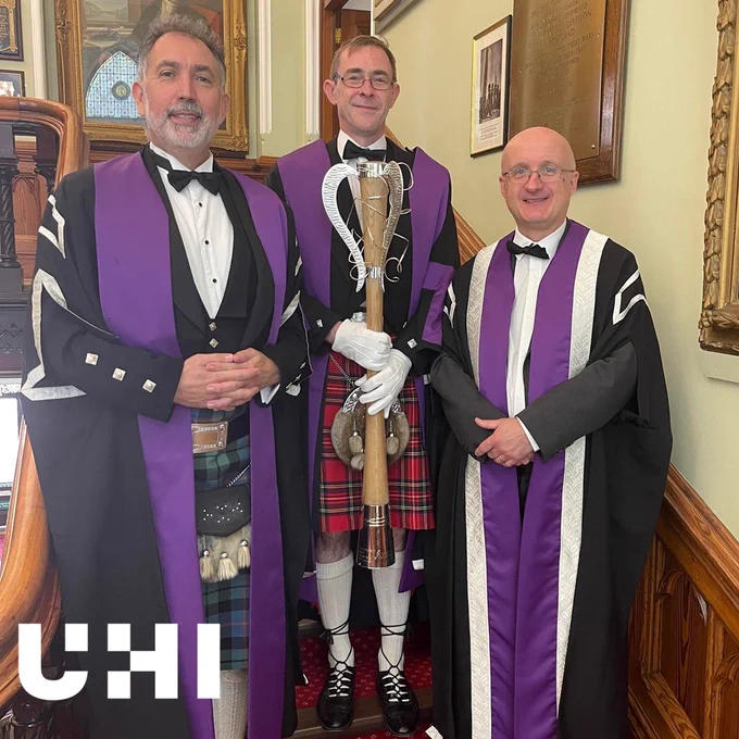 Dr Iain Morrison, Dean of Student Experience; Garry Main, DBMS Manager; and Professor Neil Simco, Interim Deputy Principal (Tertiary and Research) attended The Reading of The Proclamation of Accession of King Charles III held outside Inverness Townhouse yesterday, Sunday 11 September, on behalf of UHI.