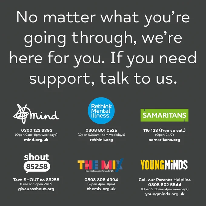 A list of the different mental health charity support lines available to people, including from Mind (0300 123 3393), Rethink Mental Illness (0808 801 0525), Samaritans (116 123), Shout (85258), The Mix (0808 808 4994) and Young Minds (0808 802 5544).