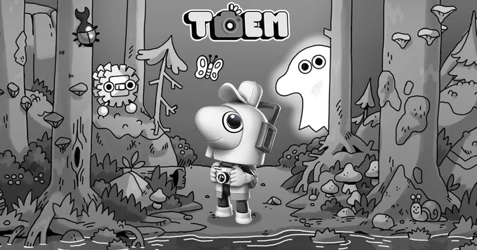Black and white image of Sackboy in a Toem-themed skin, which gives him a hat, headphones, and camera. Backdrop is the 2D woods setting of Toem with some critters and ghosts peeking around trees.