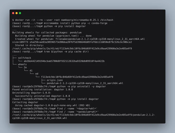 $ docker run -it --rm --user root mambaorg/micromamba:0.25.1 /bin/bash
(base) root@...:/tmp# micromamba install python pip -c conda-forge
(base) root@...:/tmp# python -m pip install dagster
...
Building wheels for collected packages: pendulum
  Building wheel for pendulum (pyproject.toml) ... done
  Created wheel for pendulum: filename=pendulum-2.1.2-cp310-cp310-manylinux_2_31_aarch64.whl size=109773 sha256=ae83a3...