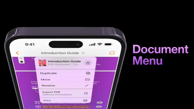 Top half of a purple iPhone 14 Pro Max showing Highlights app with a document menu open from the title in the navigation bar