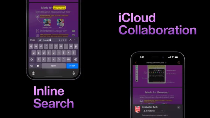 Two iPhone 14 Pro Max screenshots of Highlights app showing inline search and iCloud link share sheet