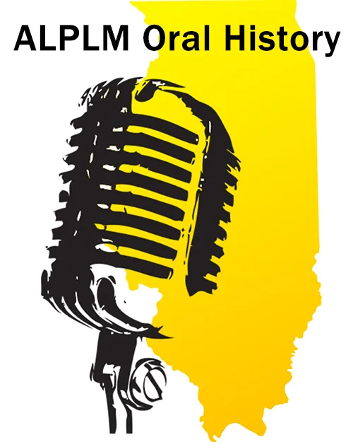 Old-fashioned microphone superimposed on an outline of the state of Illinois. Text says "ALPLM Oral History"