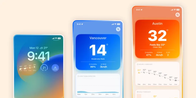 A banner with three iPhone screenshots. The first one is showing the Lock Screen with three widgets, #1 showing the forecast for the next four hours, #2 showing the max, min, and current temperature, #3 showing the time of the next sunset. The second screenshot shows the weather for Vancouver with a chart indicating that it will rain. The third one shows the weather for Austin, with a chart indicating the forecast for the next eight hours.