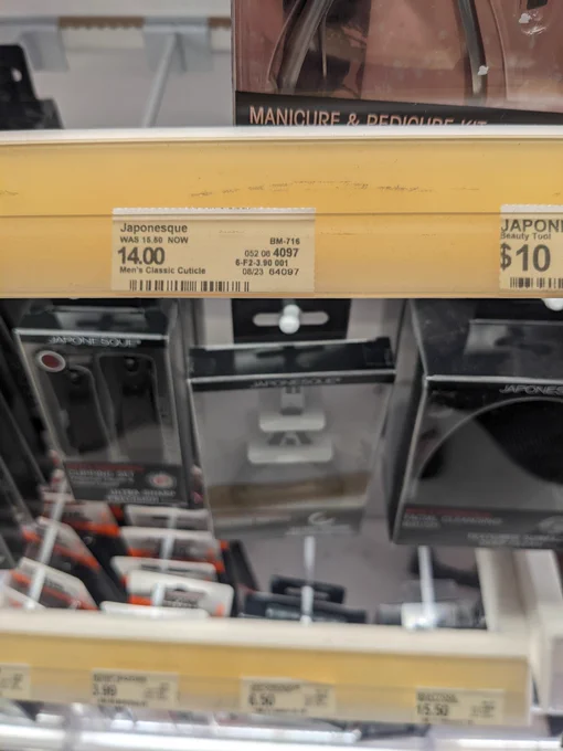 Price tag for Japonesque Men's Classic Cuticle priced at $14.00. Packaging has a light grey background.