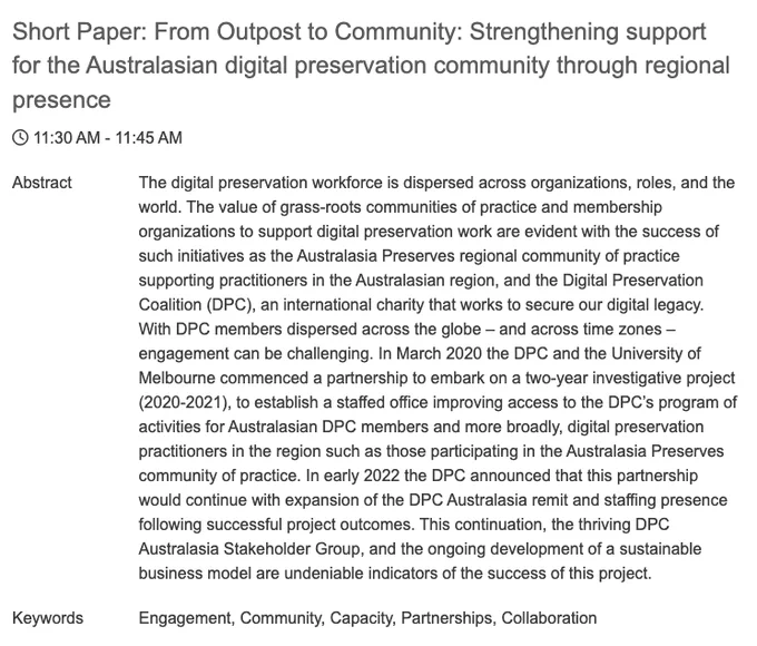 Abstract for iPRES2022 paper: From Outpost To Community: Strengthening Support for the Australasian Digital Preservation Community Through Regional Presence