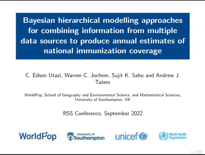 Presentation title slide: Bayesian hierarchical modelling approaches for combining information from multiple data sources to produce annual estimates of national immunization coverage