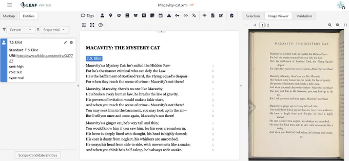 The LEAF-Writer editing panes. Entity info, editing window, and image viewer are open