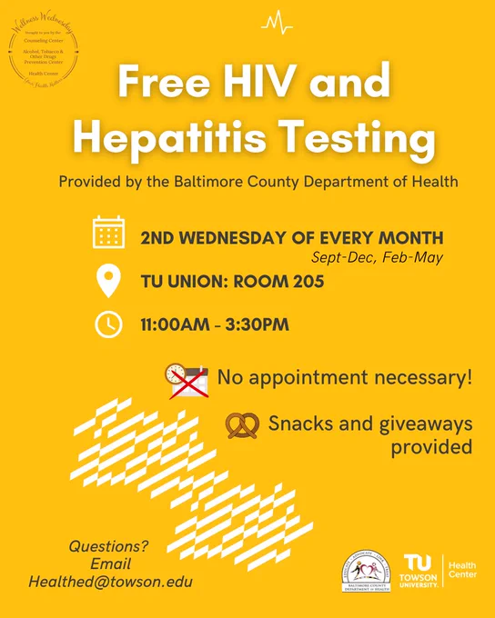 yellow background with tiger tooth pattern in left corner. Test reads "Free HIV and Hepatitis Testing Provided by the Baltimore County Department of Health. Second Wednesday of the month, TU Union, room 205. 11:00-3:30. no appointments necessary, free snacks and giveaways. Questions- email Healthed@towson.edu
