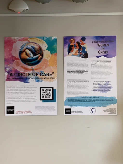 Two colourful posters titled ‘a circle of care’ and ‘Guelph Wellington women in crisis’